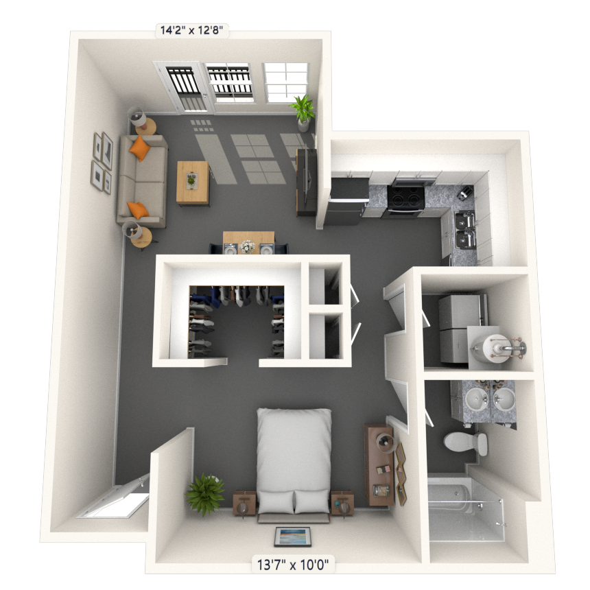 Floor plan for studio, 1 bath, 688 sqft